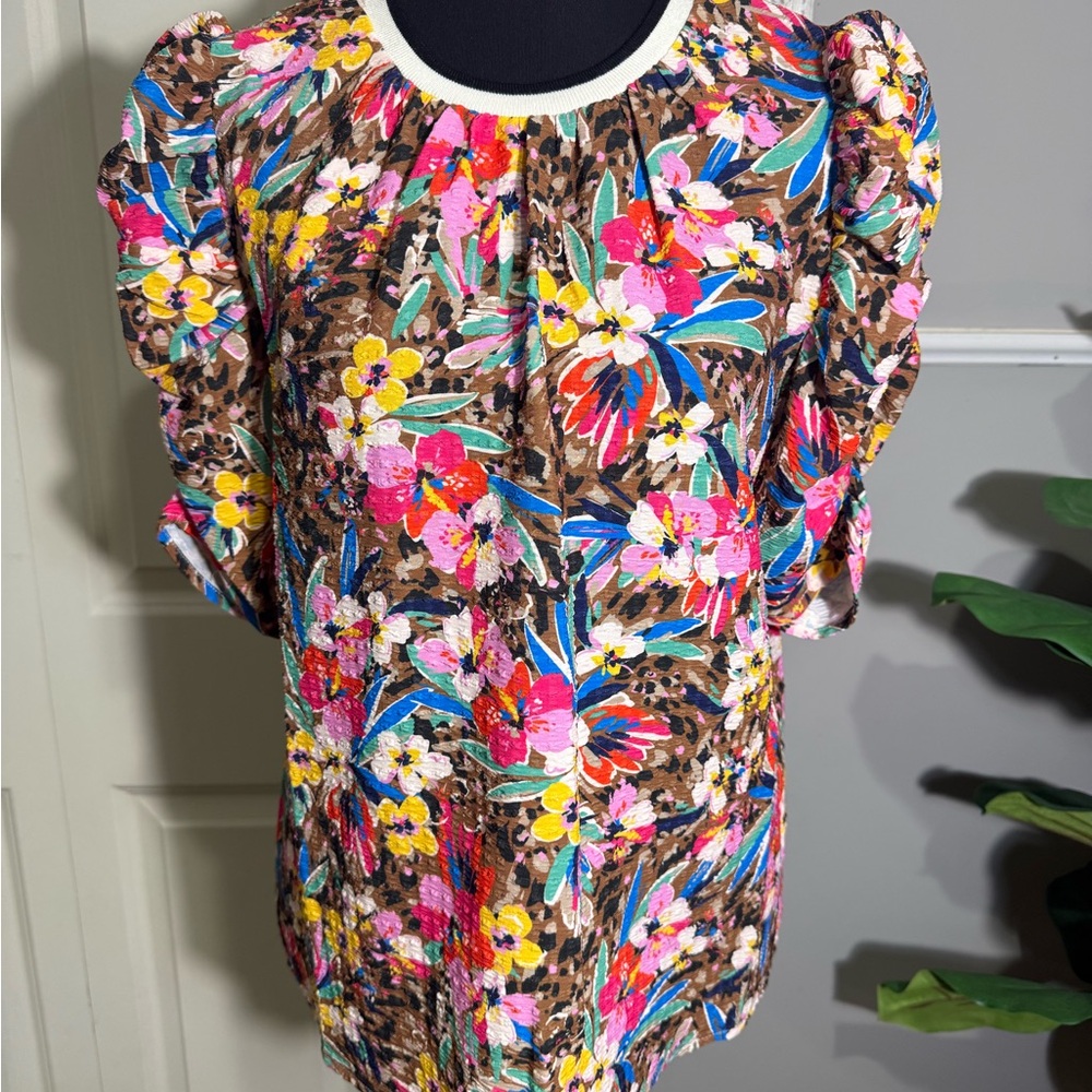 THML Brown Floral Puff-Sleeve Blouse with Pink, Yellow & Blue Accents